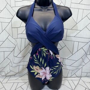 Cupshe One Piece Swimsuit M Navy Blue Tropical Floral Wrap Halter Cutout NWT